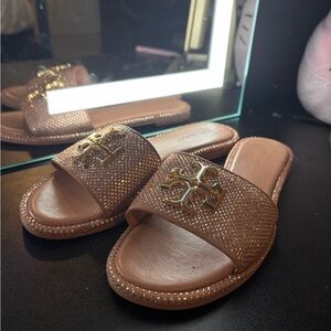 Tory Burch Gold and Pink Slide Sandals